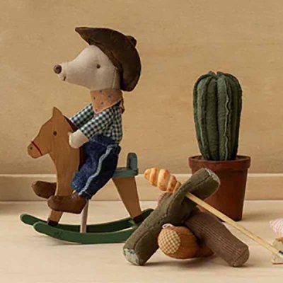 Maileg Cowboy mouse on rocking horse, Little brother
